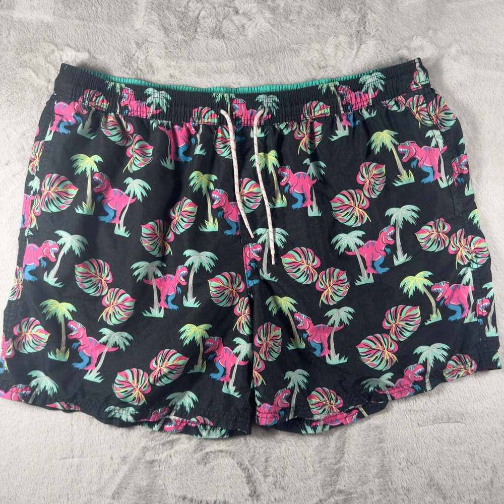 No‎ Boundaries Mens 2XL Swim Trunks Black Pink Dinosaur T-Rex Tropical Palm Tree